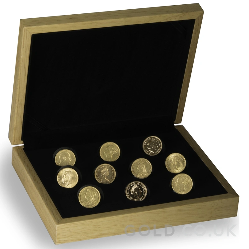 Large Oak Gold Sovereign Coin Gift Box 10 x Gold Sovereigns