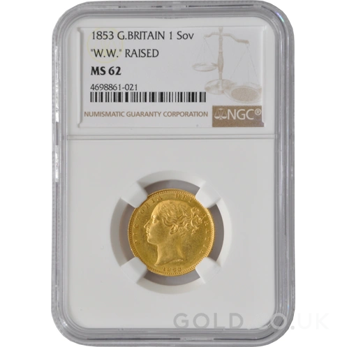 1853 Gold Sovereign Coin Queen Victoria Young Head Shield Back NGC MS62