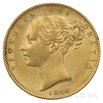 1868 Gold Sovereign Coin Queen Victoria Young Head Shield Back