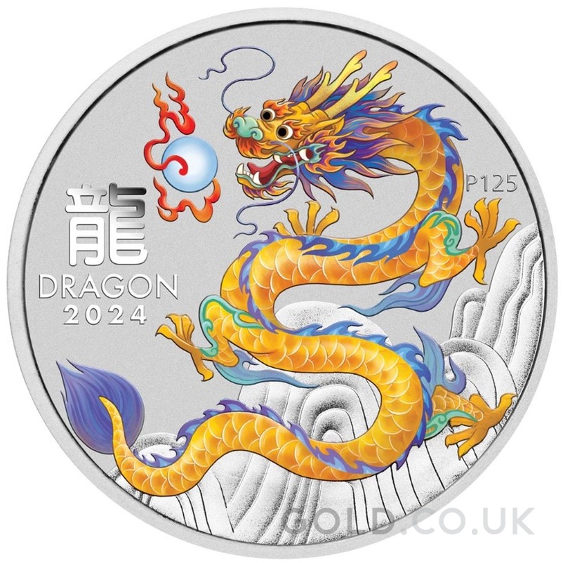 2024 1oz Perth Mint Year of the Dragon Coloured Silver Coin - Yellow Dragon