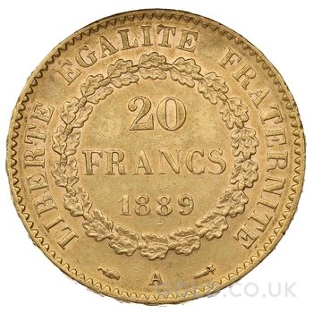 1889 French 20 Francs Gold Coin Guardian Angel A