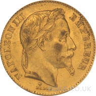 1867 Gold 20 French Francs Napoleon III Laureate Head (BB) PCGS MS62