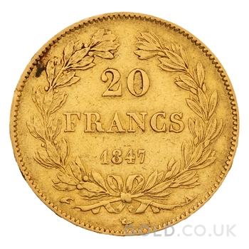 1847 French 20 Francs Gold Coin Louis-Philippe Laureate Head A