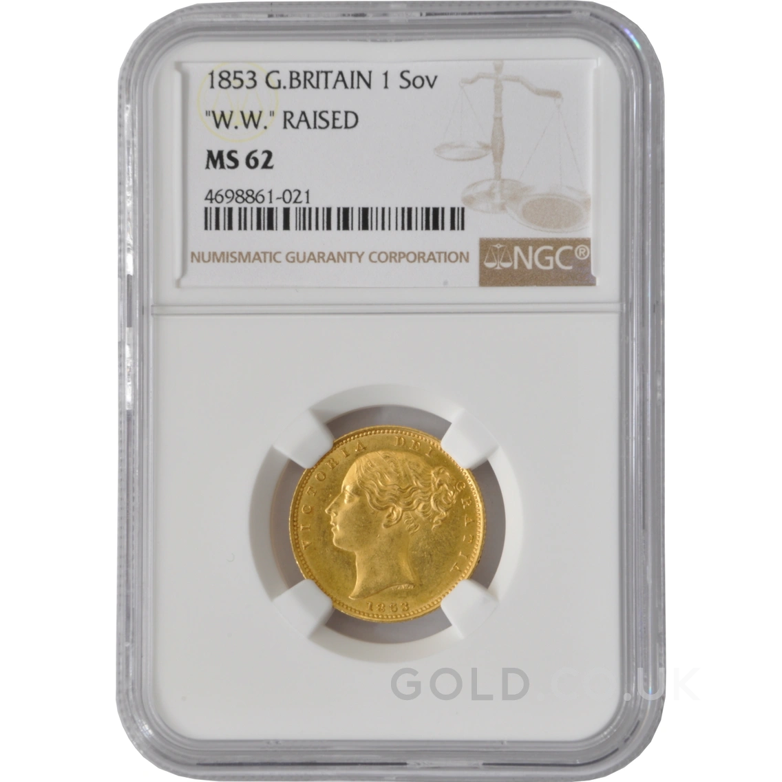 1853 Gold Sovereign Coin Queen Victoria Young Head Shield Back NGC MS62