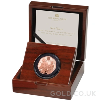 2023 50p Luke Skywalker & Princess Leia Star Wars Proof Gold Coin Boxed