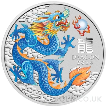 2024 1oz Perth Mint Year of the Dragon Coloured Silver Coin - Blue Dragon