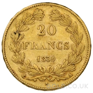 Gold 1839 20 French Francs Louis-Philippe Laureate Head (A)