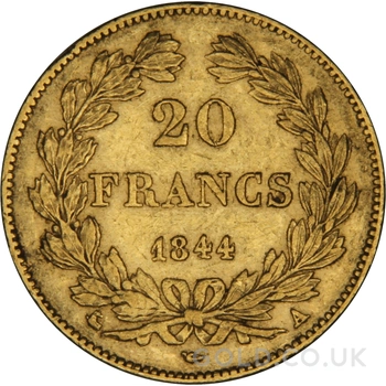 1844 French 20 Francs Gold Coin Louis-Philippe Laureate Head A