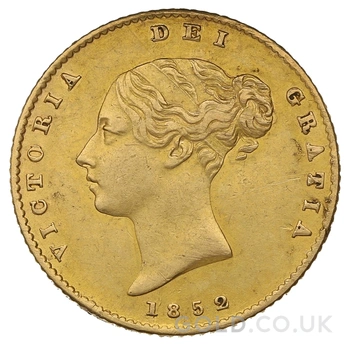 1852 Gold Half Sovereign Queen Victoria Young Head Shield Back