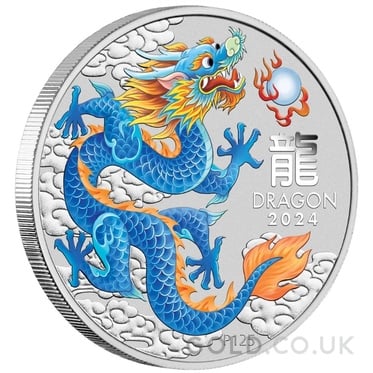 2024 1oz Perth Mint Year of the Dragon Coloured Silver Coin - Blue Dragon