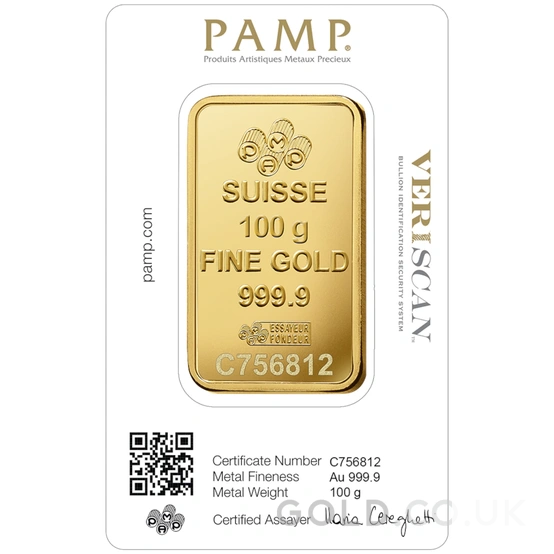 100g Gold Bar PAMP Lady Fortuna Minted