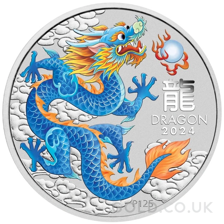 2024 1oz Perth Mint Year of the Dragon Coloured Silver Coin - Blue Dragon
