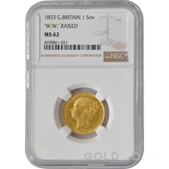 1853 Gold Sovereign Coin Shield Back Victoria MS62