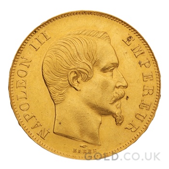 1857 French 50 Francs Gold Coin Napoleon III Bare Head A