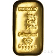 100g Metalor Cast Gold Bar