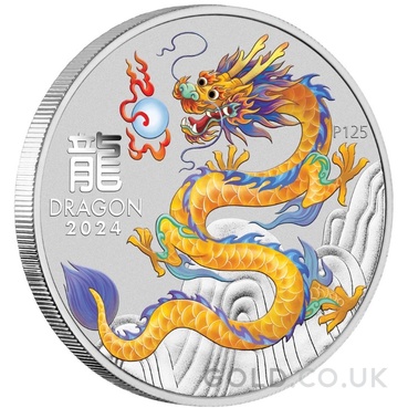 2024 1oz Perth Mint Year of the Dragon Coloured Silver Coin - Yellow Dragon