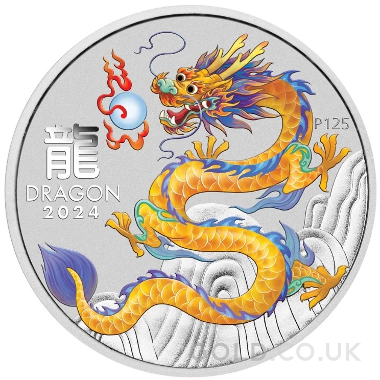 2024 1oz Perth Mint Year of the Dragon Coloured Silver Coin - Yellow Dragon