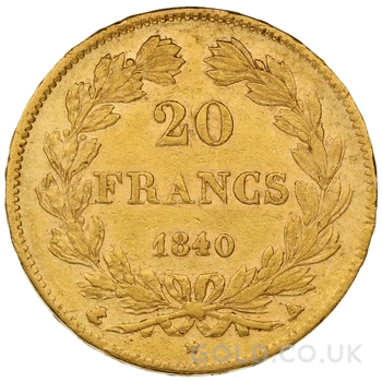 1840 French 20 Francs Gold Coin Louis-Philippe Laureate Head A