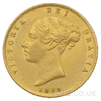 1869 Gold Half Sovereign Queen Victoria Young Head Shield Back