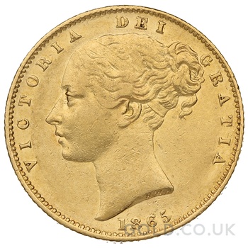 1865 Gold Sovereign Coin Queen Victoria Young Head Shield Back