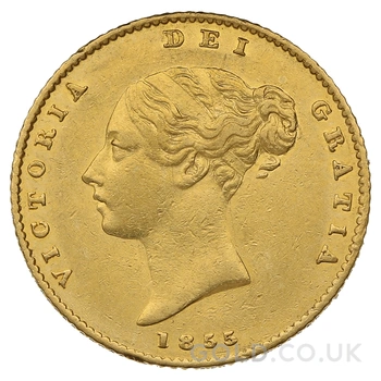 1855 Gold Half Sovereign Queen Victoria Young Head Shield Back