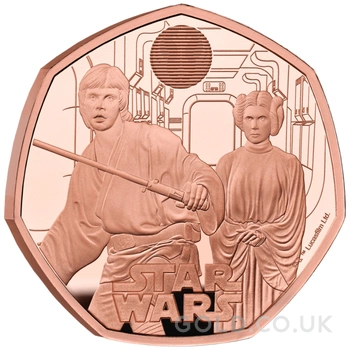 2023 50p Luke Skywalker & Princess Leia Star Wars Proof Gold Coin Boxed