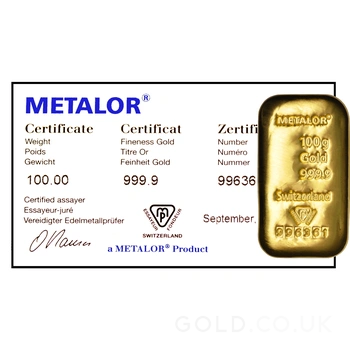 100g Gold Bar Metalor Cast