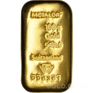 100g Metalor Cast Gold Bar