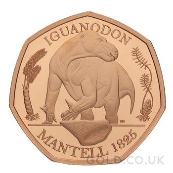 2020 Dinosaurs Collection Iguanodon Fifty Pence 50p Proof Gold Coin Boxed