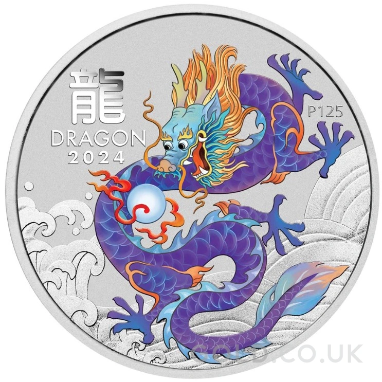 2024 1oz Perth Mint Year of the Dragon Coloured Silver Coin - Purple Dragon