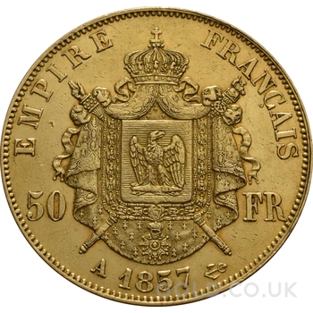 French 50 Francs Gold Coin Napoleon III Bare Head