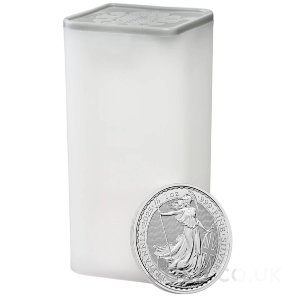 Tube of 25 2025 Britannia One Ounce Silver Coins