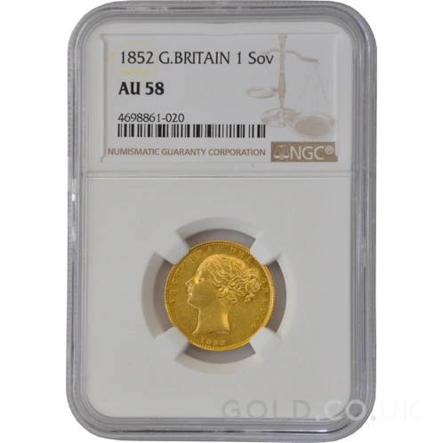 1852 Gold Sovereign Coin Queen Victoria Young Head Shield Back NGC AU58