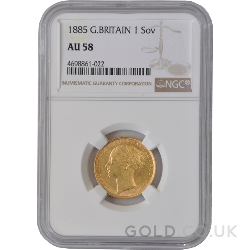 1885 Gold Sovereign Coin Queen Victoria Young Head NGC AU58