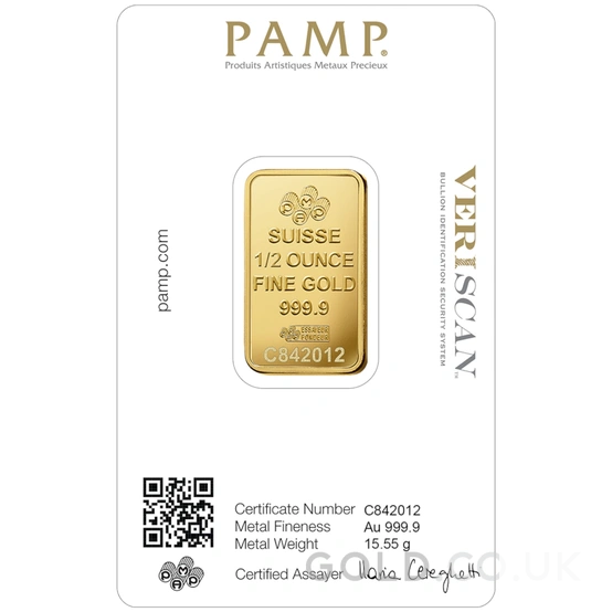 1/2oz Gold Bar PAMP Lady Fortuna Minted