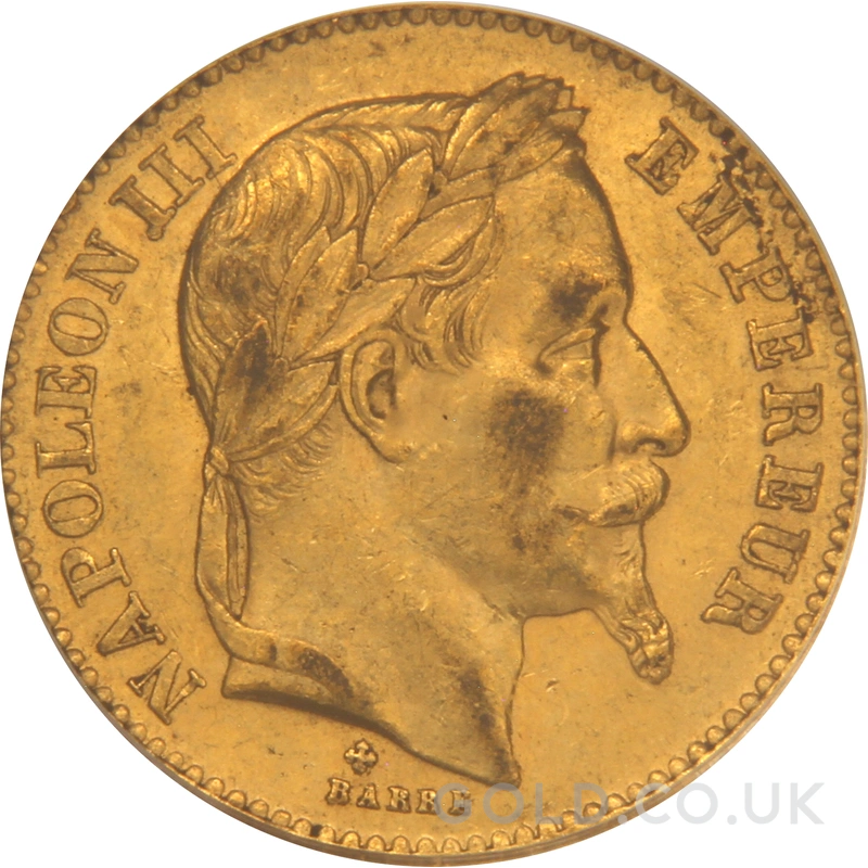 1867 French 20 Francs Gold Coin Napoleon III Laureate Head BB PCGS MS62