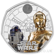 R2-D2 and C-3PO Fifty Pence Proof Silver Coin Boxed (2023)