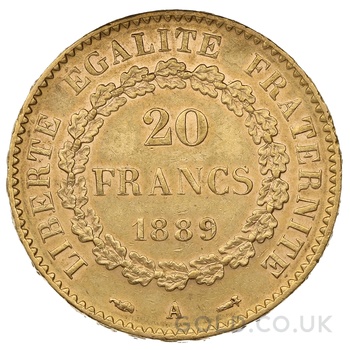 1889 French 20 Francs Gold Coin Guardian Angel A