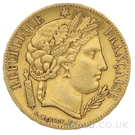 Gold 1849 20 French Francs Ceres