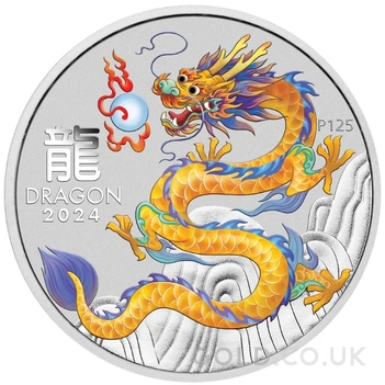 2024 1oz Perth Mint Year of the Dragon Coloured Silver Coin - Yellow Dragon