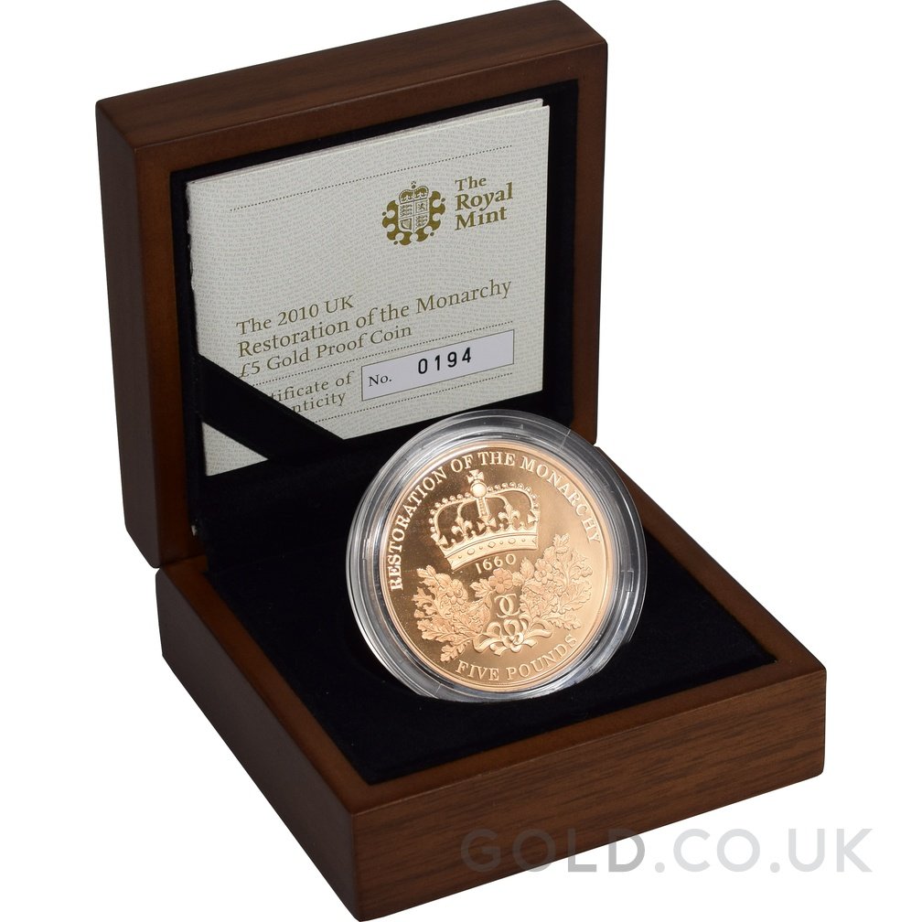 2010 Proof Gold Crown £5 Coin Restoration of the Monarchy Boxed