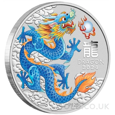 2024 1oz Perth Mint Year of the Dragon Coloured Silver Coin - Blue Dragon