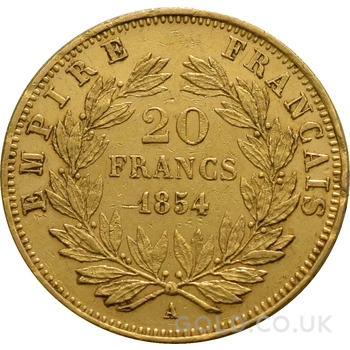 French 20 Francs Gold Coin Napoleon III Bare Head