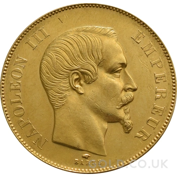 French 50 Francs Gold Coin Napoleon III Bare Head