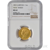 1853 Victoria Young Head Shield Back Gold Sovereign (London Mint) MS62