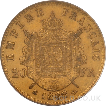1868 French 20 Francs Gold Coin Napoleon III Laureate Head BB PCGS MS62