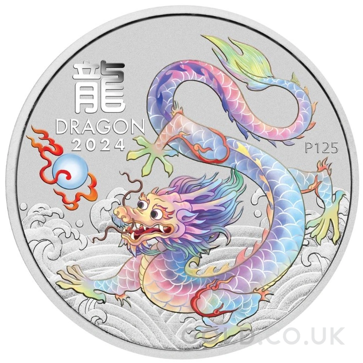 2024 1oz Perth Mint Year of the Dragon Coloured Silver Coin - White Dragon
