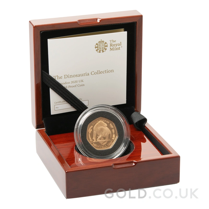 2020 Dinosaurs Collection Iguanodon Fifty Pence 50p Proof Gold Coin Boxed