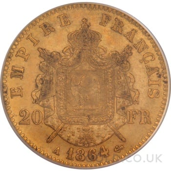 1864 French 20 Francs Gold Coin Napoleon III Laureate Head A PCGS MS62