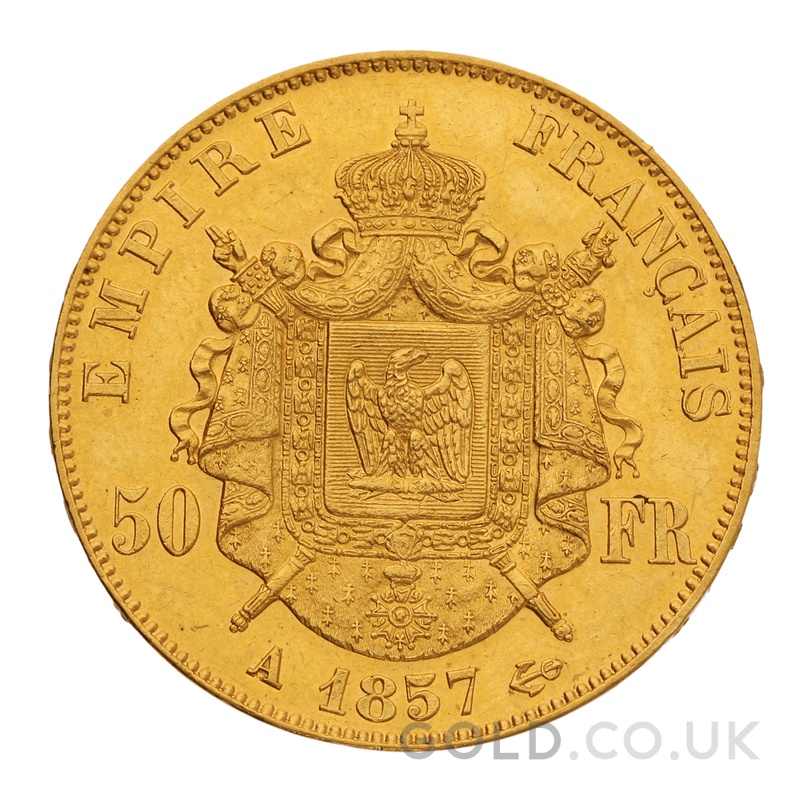 1857 French 50 Francs Gold Coin Napoleon III Bare Head A